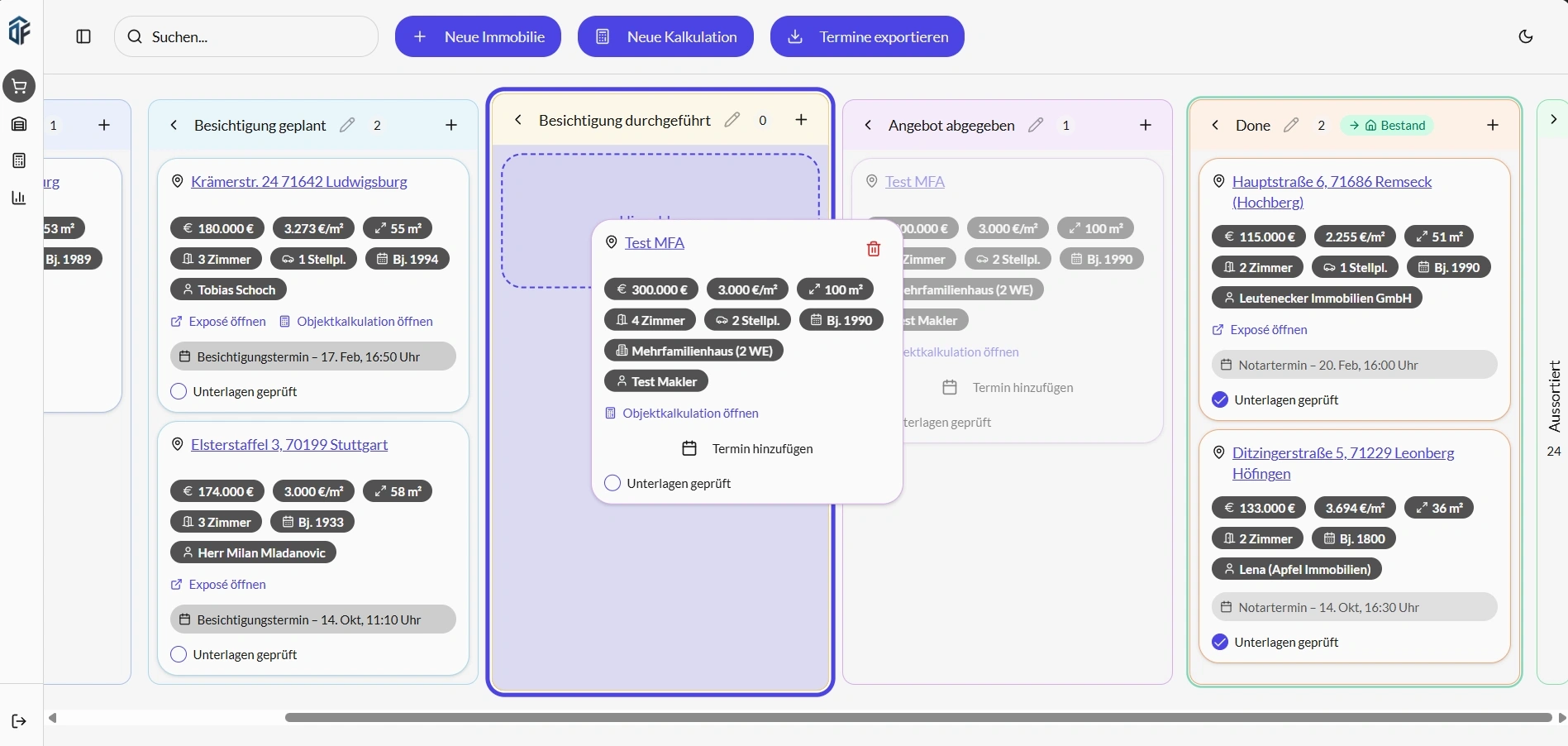 Dealfolio Deal-Pipeline – Kanban-Board für Immobilien-Akquise und Objektverfolgung von Anfrage bis Abschluss