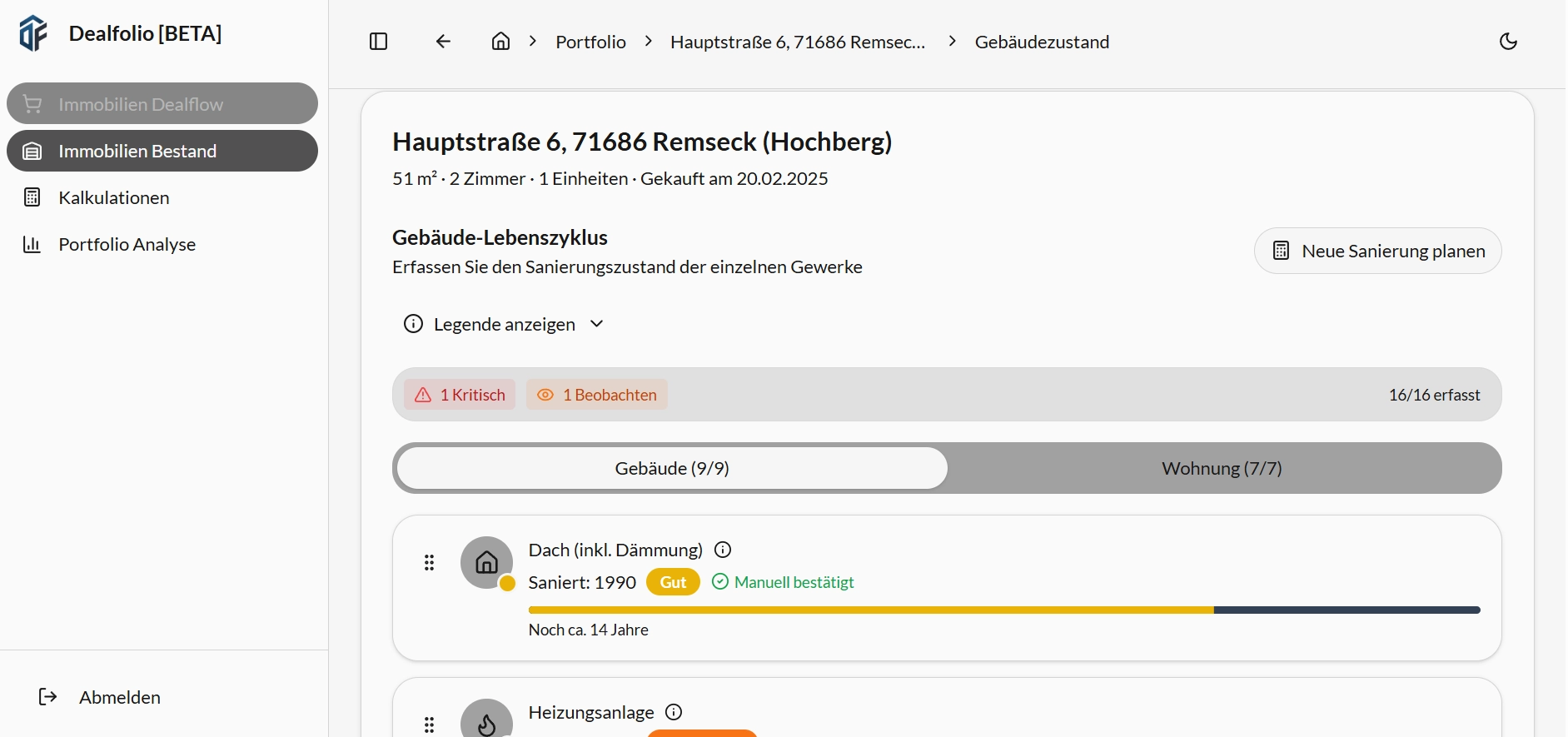Dealfolio Gebäude-Check – Gebäudekomponenten und Instandhaltung systematisch dokumentieren und planen
